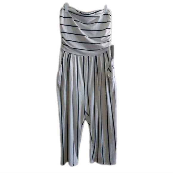 Soft Knit Nautical Stripe Pull-on Wide Leg Pants Romper Pockets Cropped Preppy - Picture 2 of 8